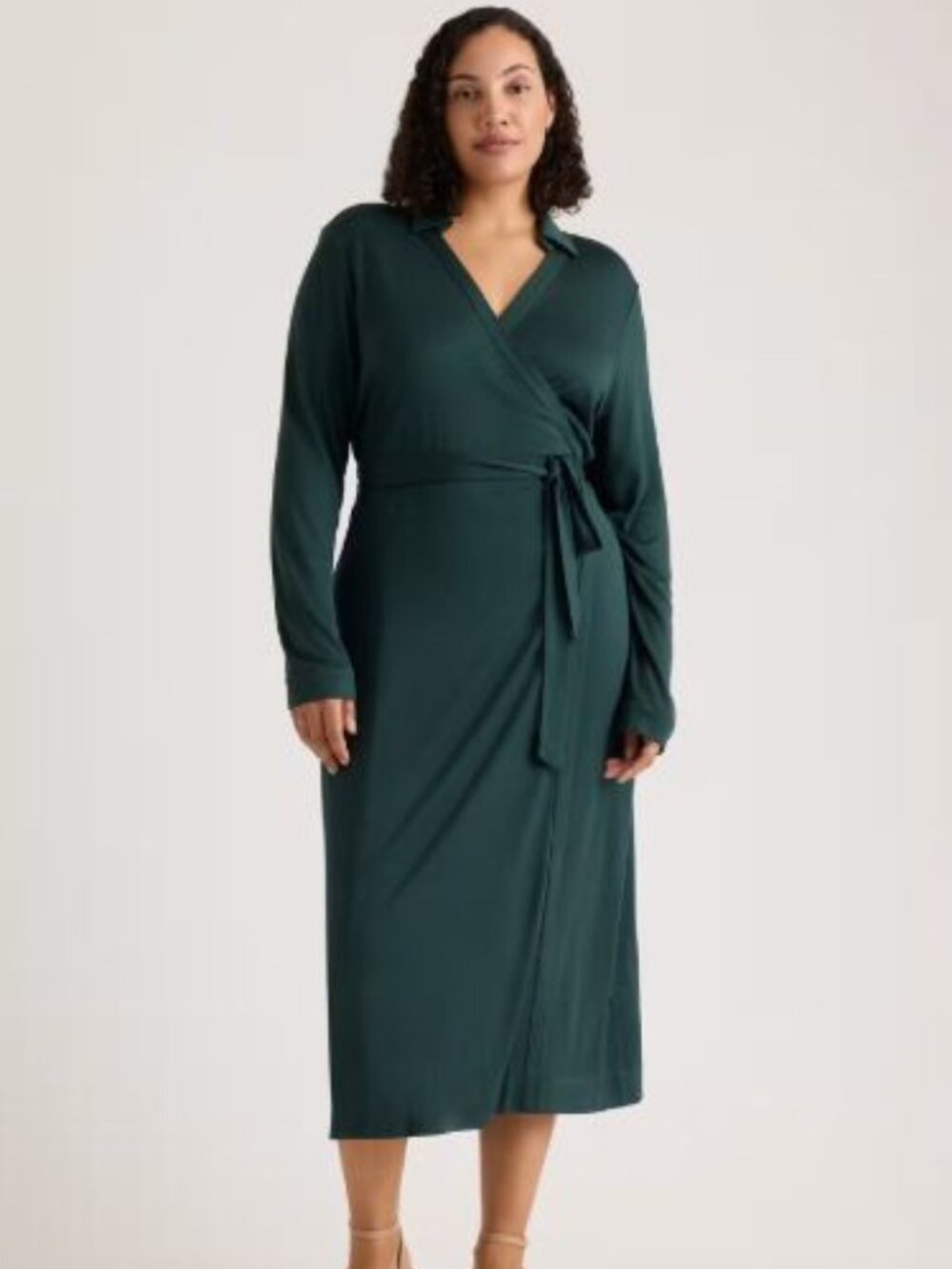 NWOT $200 QUINCE 100% Silk Jersey Wrap Midi Dress Green Small Transitional Fall